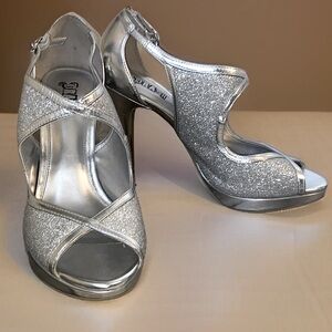 BRASH High Heel Peep ToeSilver Glitter Platform Shoe Wedding Pump Prom  Sz 9.5